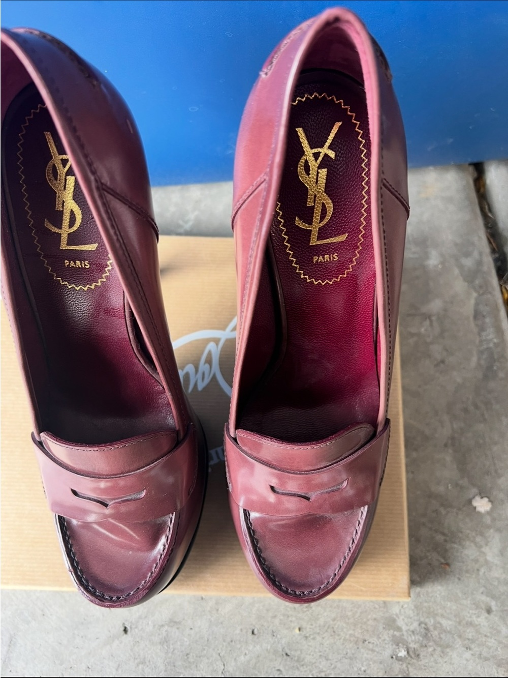Saint Laurent Wine Leather Platform Stiletto Loafer Pumps - Picture 2 of 3